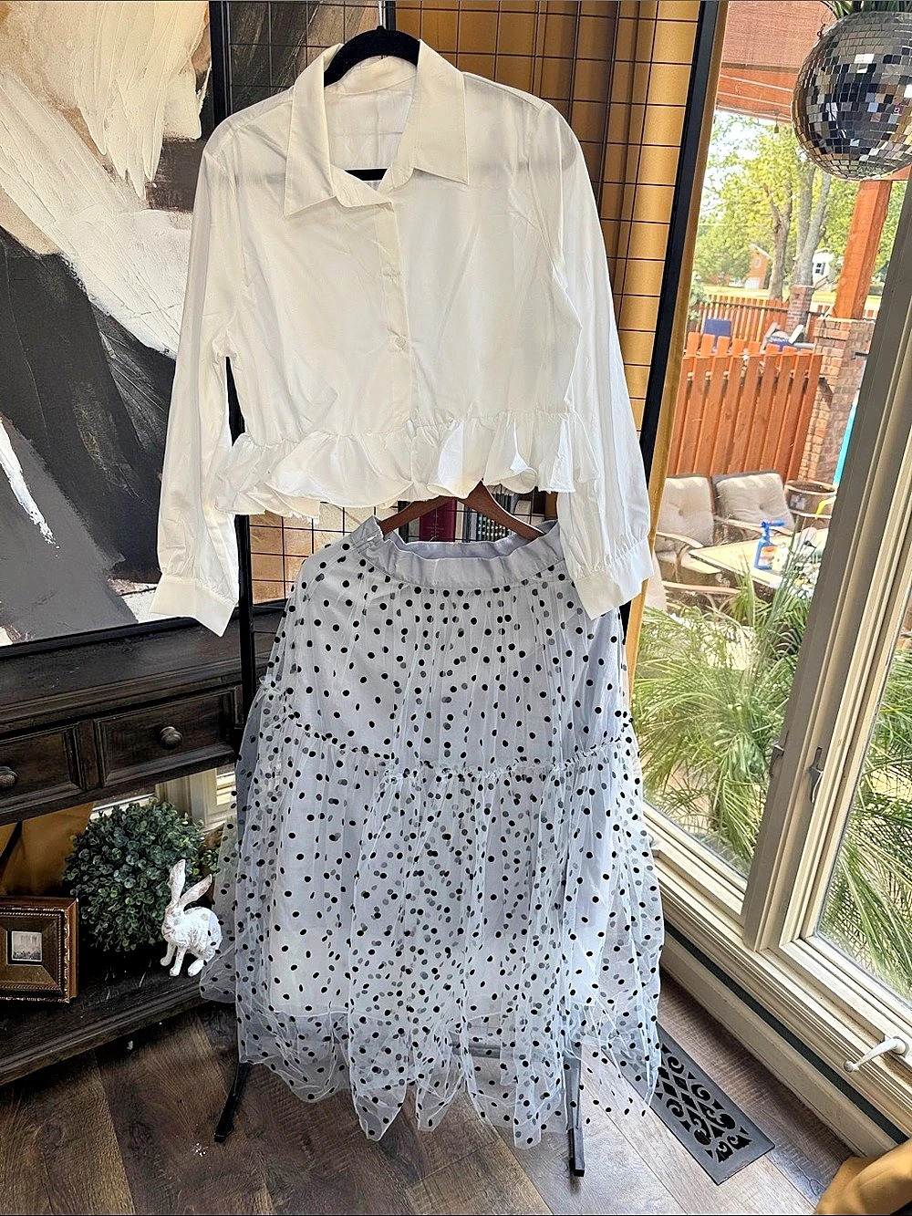 Polka Dot Midi Skirt Set in White & Black Like New